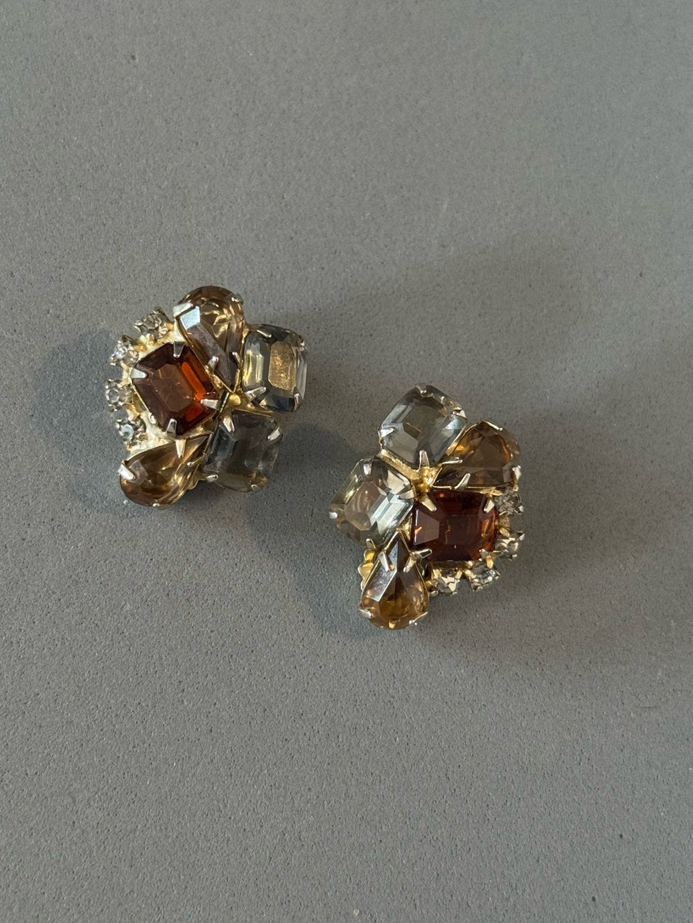 Vintage Gold-Tone Amber & Champagne Crystal Cluster Clip on earrings